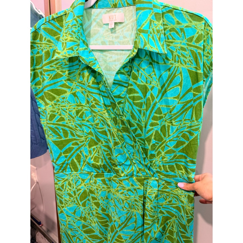 KUT from the Kloth Green Turquoise Tropical Leaf Faux Wrap Mini Dress Medium - Picture 2 of 5
